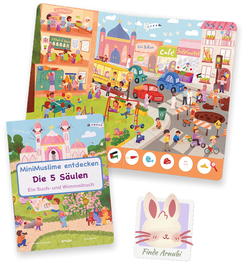 Arnubi Wimmelbuch, Buchcover und Hase als Hero-Collage